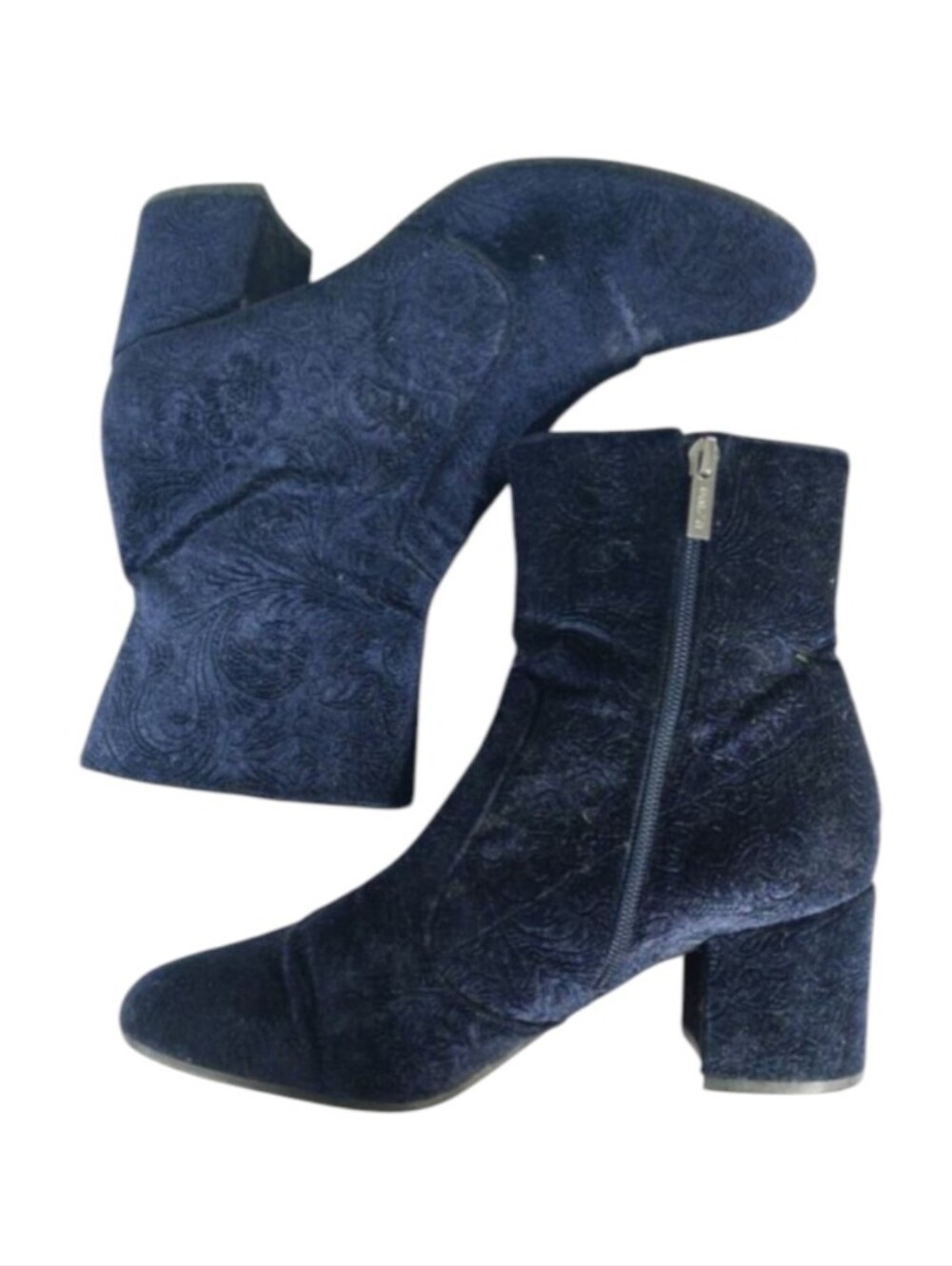 UNISA! RICH BLUE VELVET W/PAISLEY FLORAL SUPER CHUNKY HEEL ANKLE BOOTS! SZ 9M